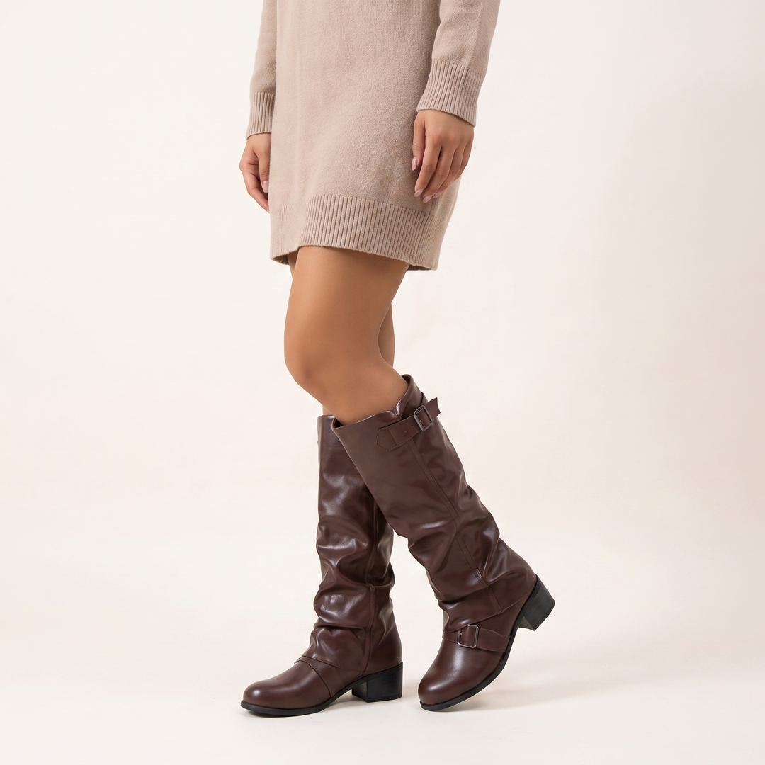 NOÉLLA Low Heel Long Leather Boots