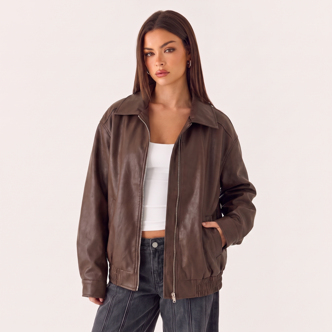 NOÉLLA Oversized Leather Jacket in Chocolate Mousse - NOÉLLA
