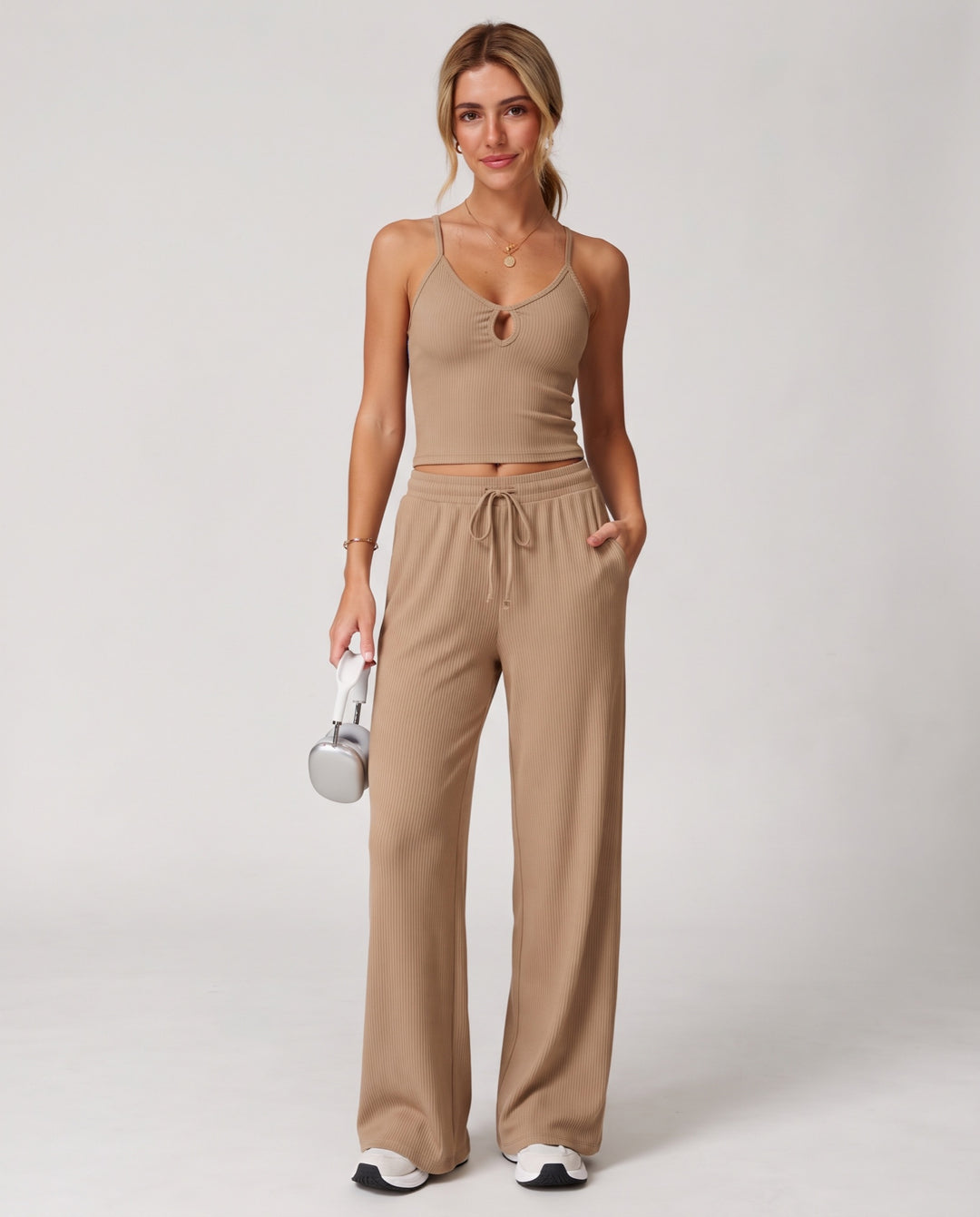 Ribbed V-Neck 2-Piece Lounge Set - NOÉLLA