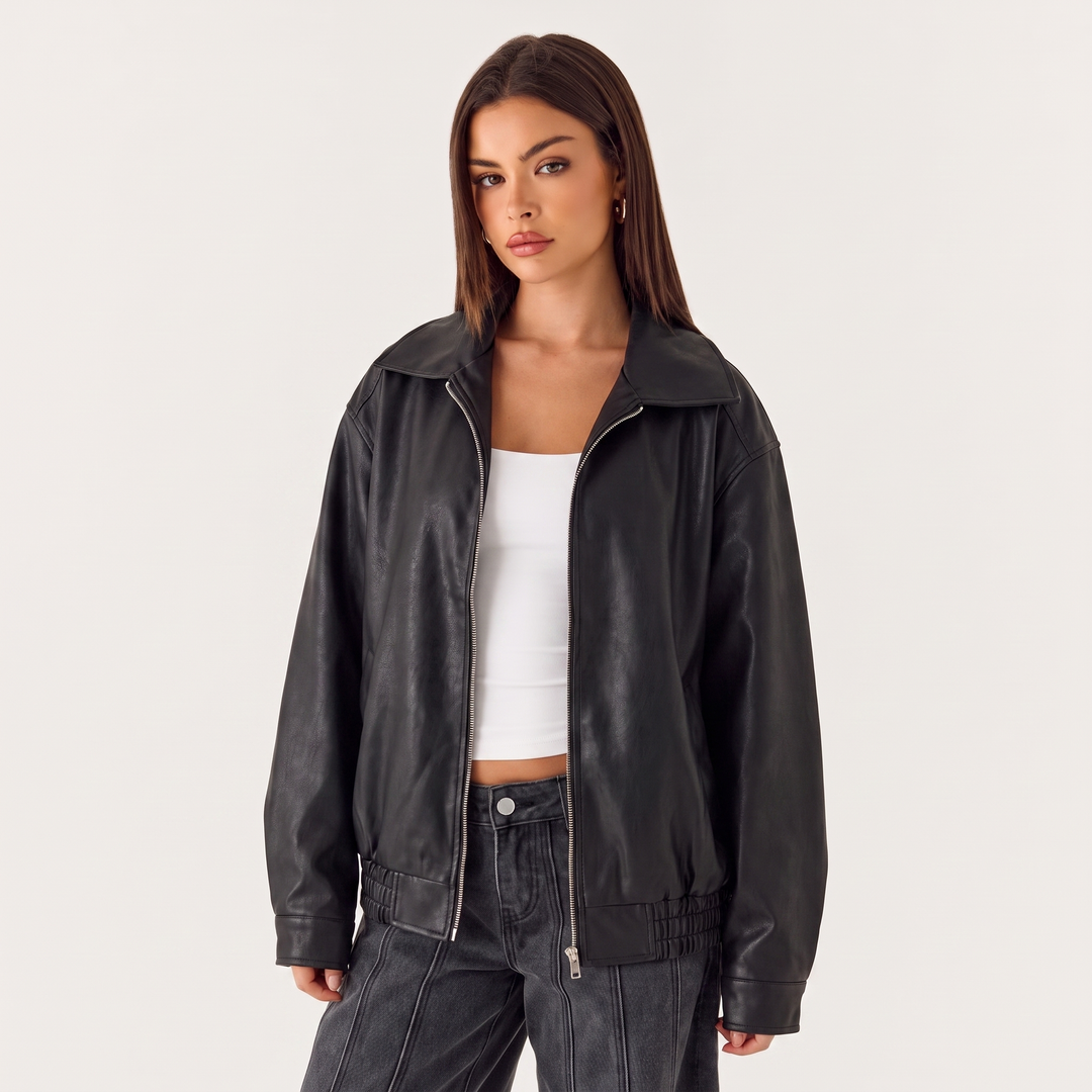 NOÉLLA Oversized Leather Jacket in Jet Black - NOÉLLA