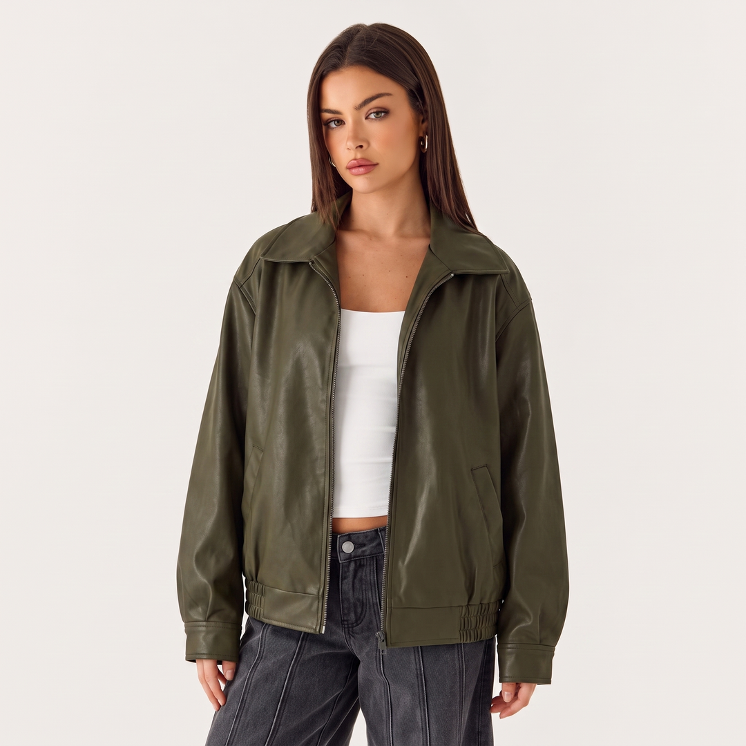 NOÉLLA Oversized Leather Jacket in Olive - NOÉLLA