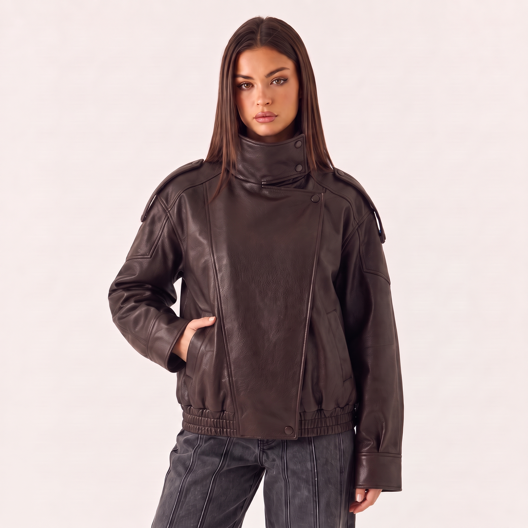 NOÉLLA Funnel Neck Leather Jacket