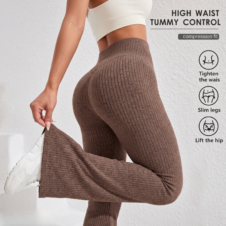 High Waisted Flared Leggings in Brown - NOÉLLA