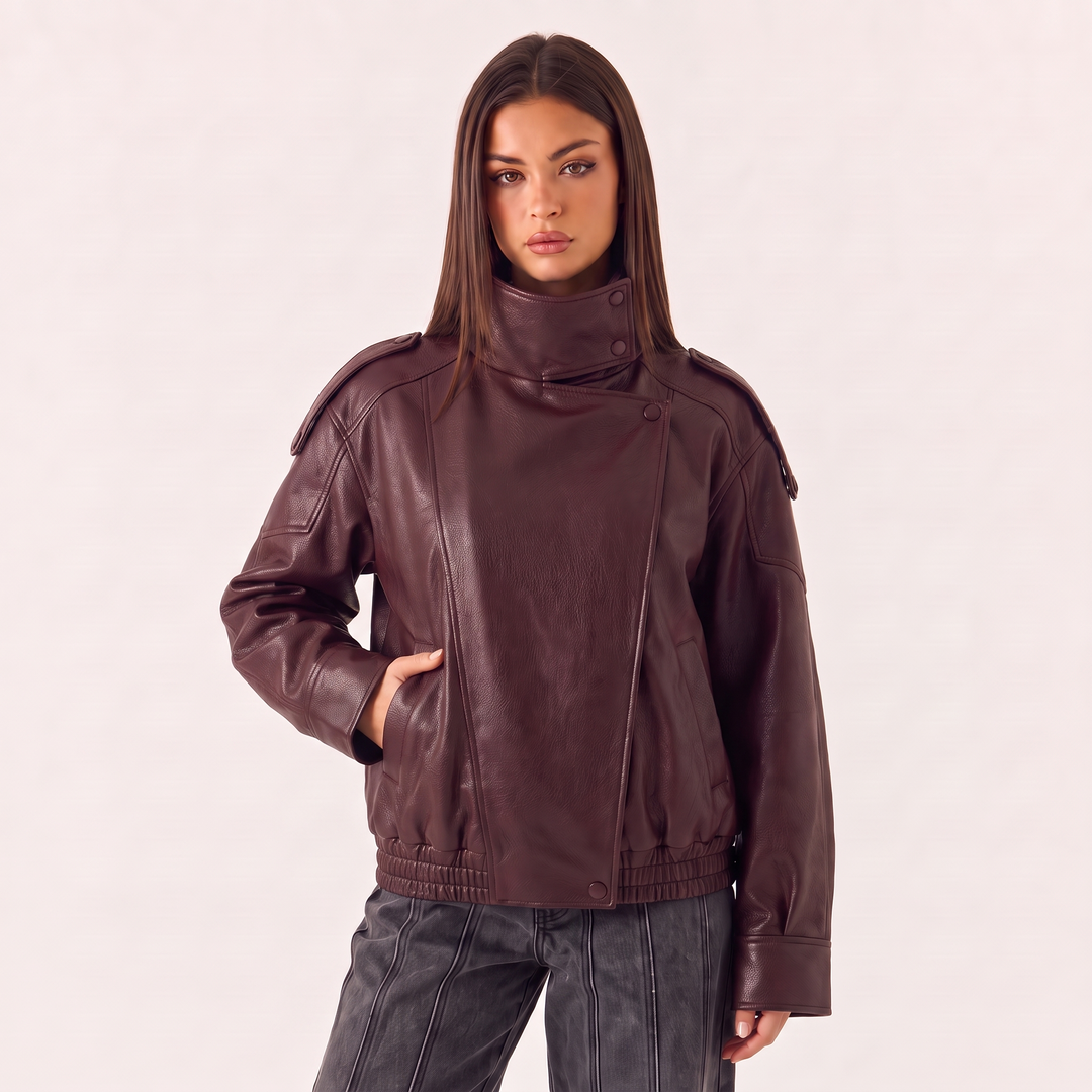 NOÉLLA Funnel Neck Leather Jacket