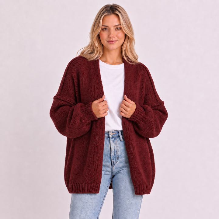 NOÉLLA Oversized Knit Cardigan in Burgundy - NOÉLLA