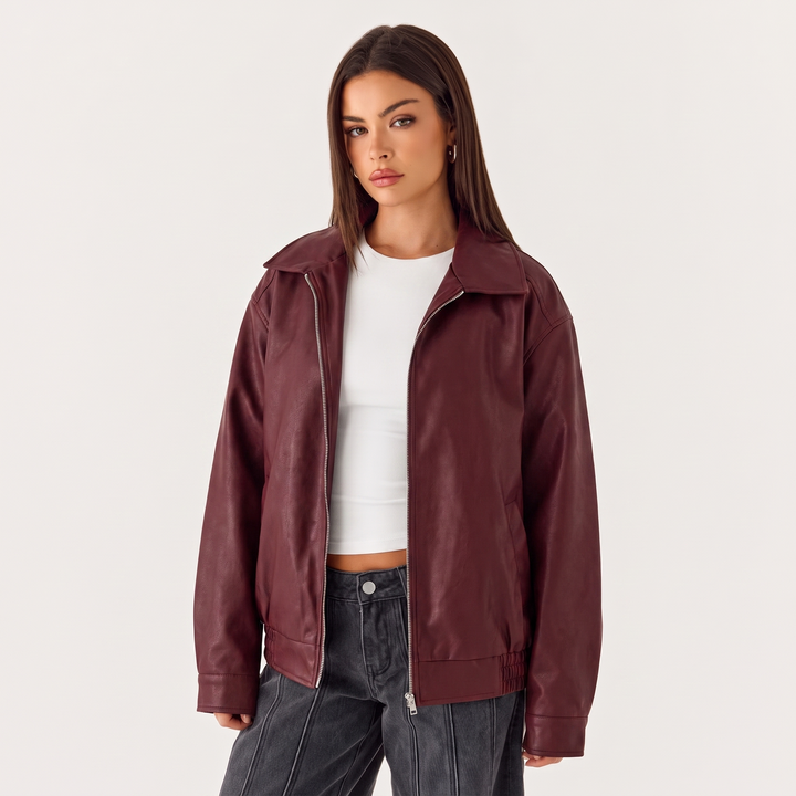 NOÉLLA Oversized Leather Jacket in Burgundy - NOÉLLA