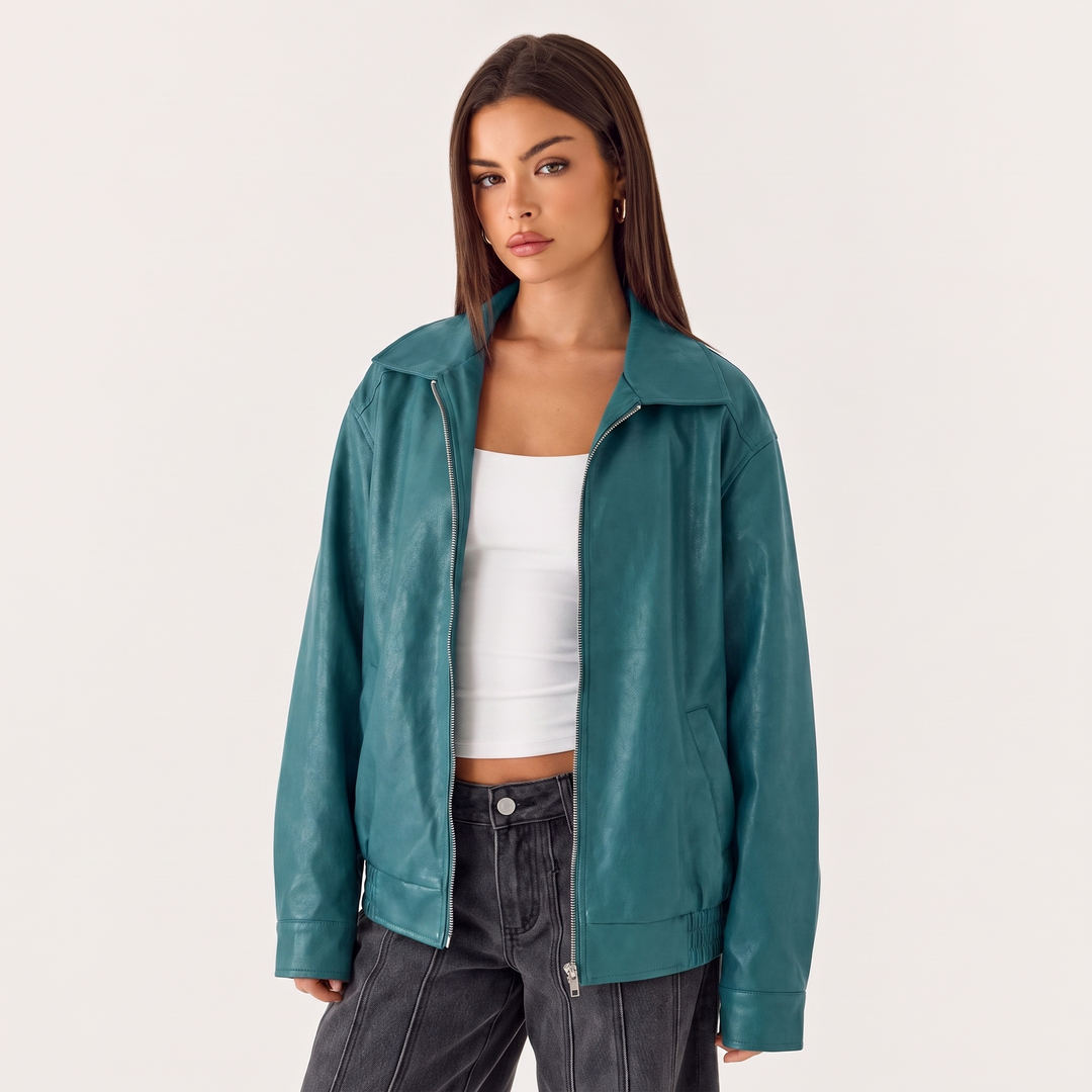 NOÉLLA Oversized Leather Jacket in Emerald - NOÉLLA