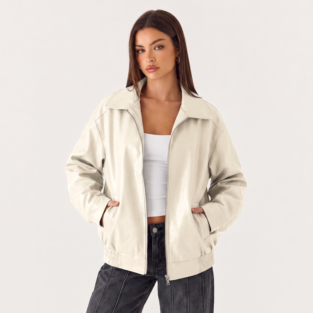 NOÉLLA Oversized Leather Jacket in Light Beige - NOÉLLA