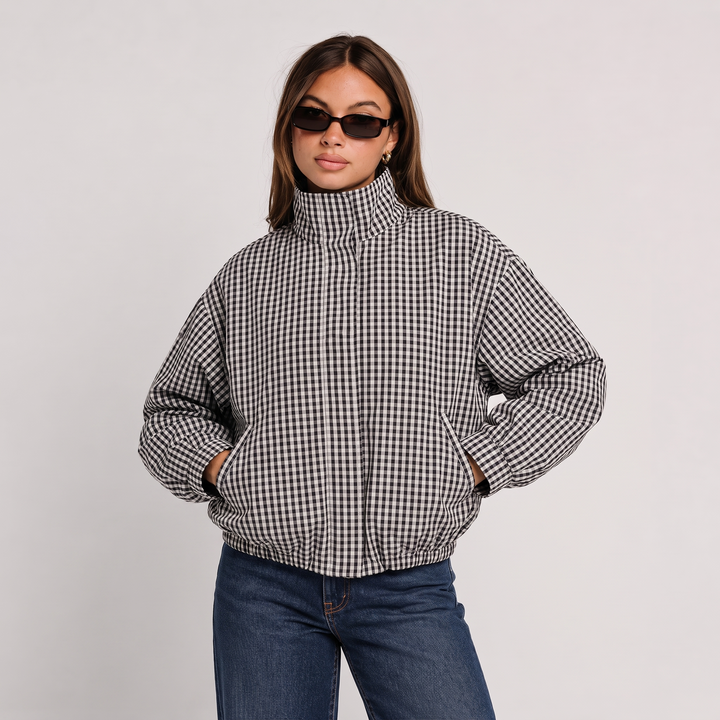 NOÉLLA Cropped Plaid Bomber Jacket
