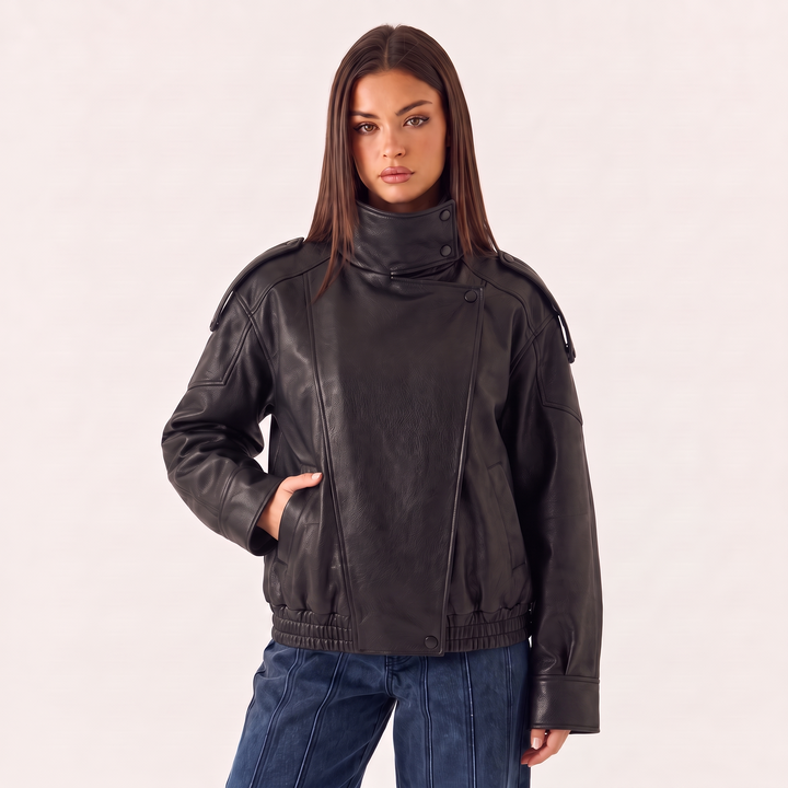 NOÉLLA Funnel Neck Leather Jacket