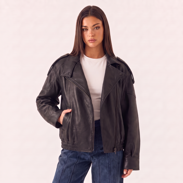NOÉLLA Funnel Neck Leather Jacket