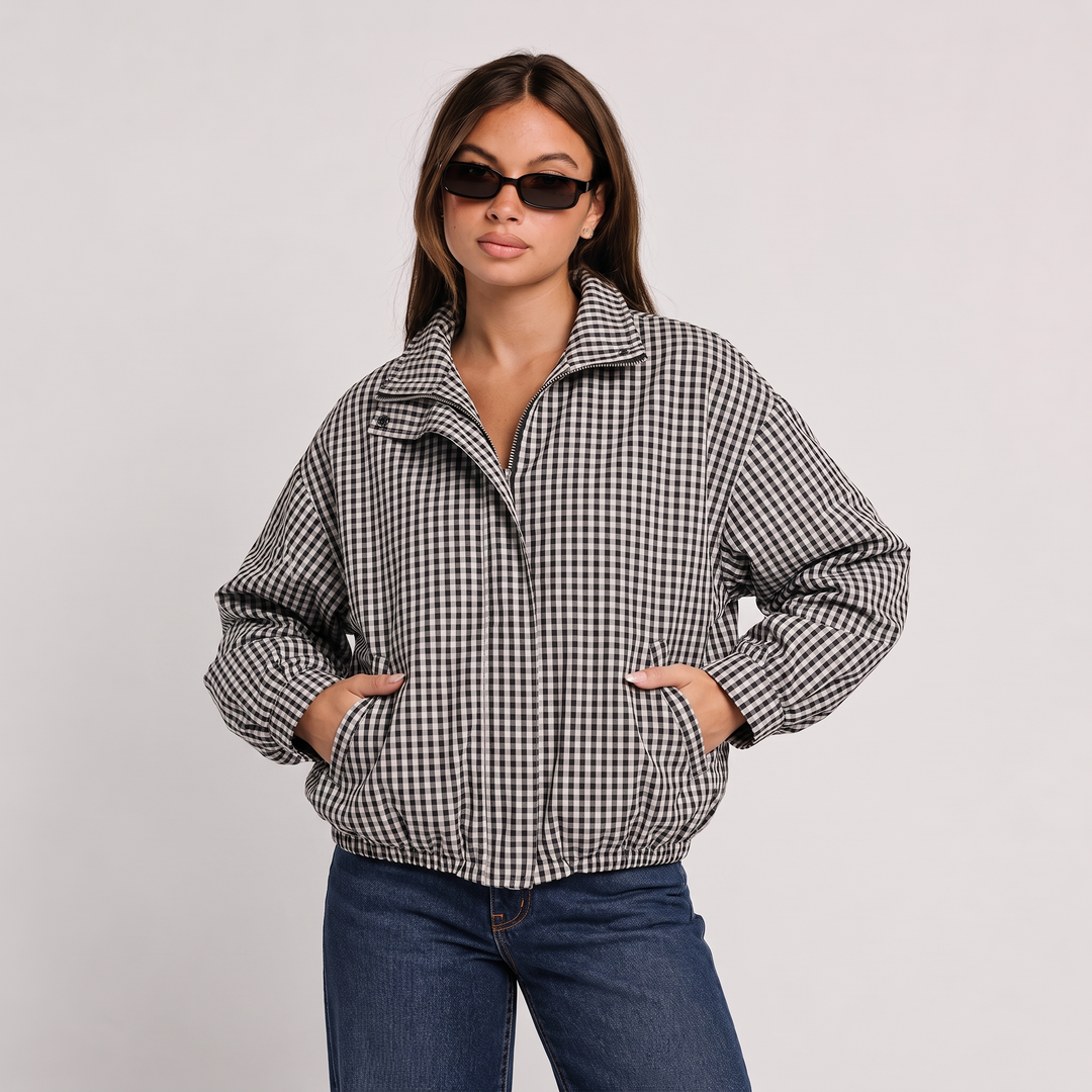 NOÉLLA Cropped Plaid Bomber Jacket
