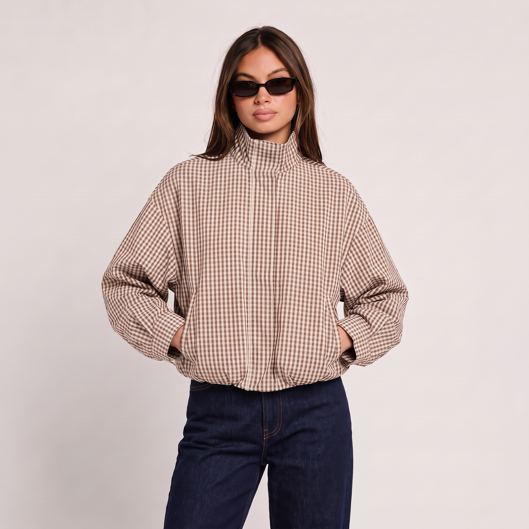NOÉLLA Cropped Plaid Bomber Jacket