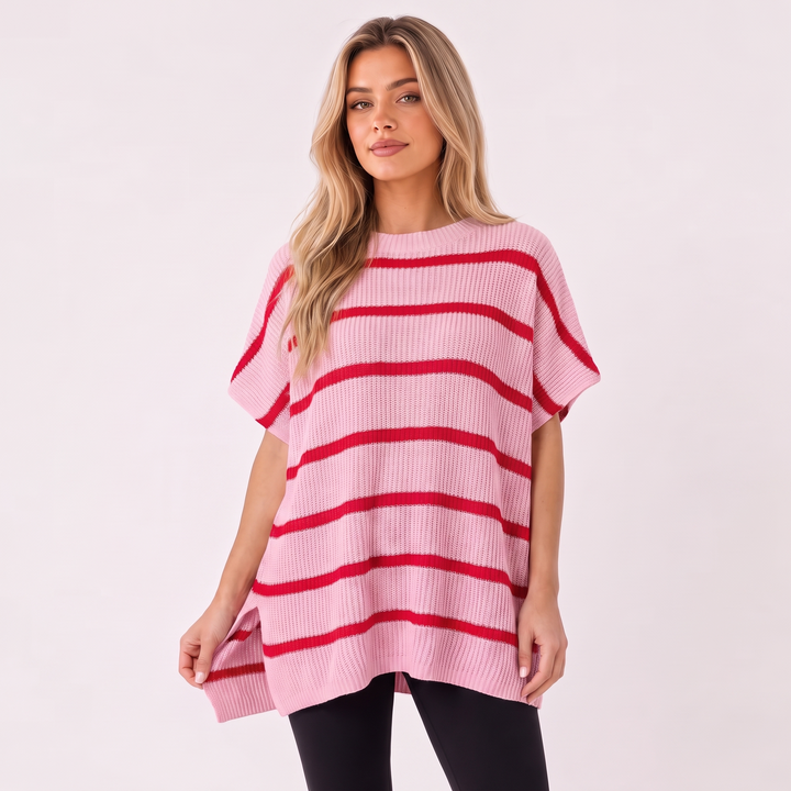 NOÉLLA Oversized Short Sleeve Sweater in Striped Pink - NOÉLLA