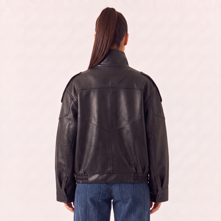 NOÉLLA Funnel Neck Leather Jacket
