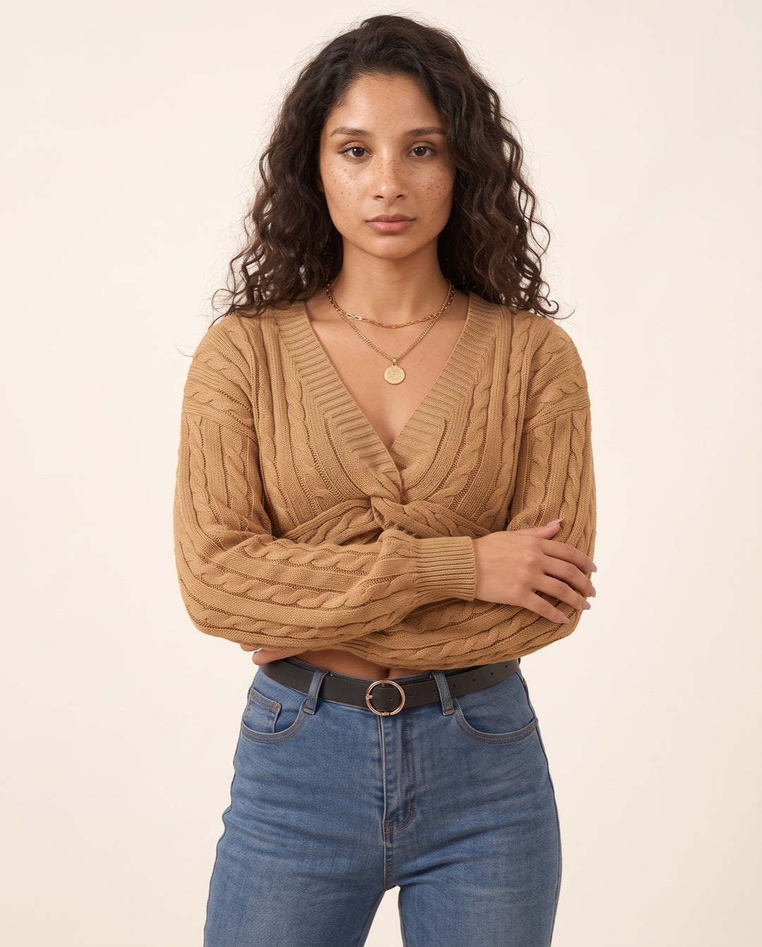 Cable-Knit V-Neck Sweater