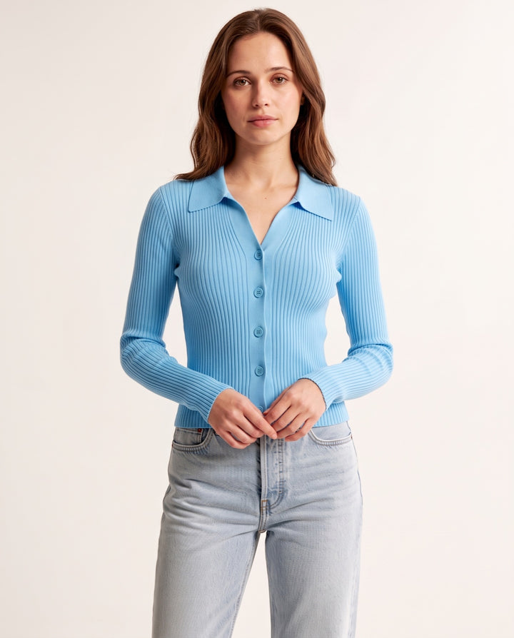 Polo-Collar Knit Cardigan