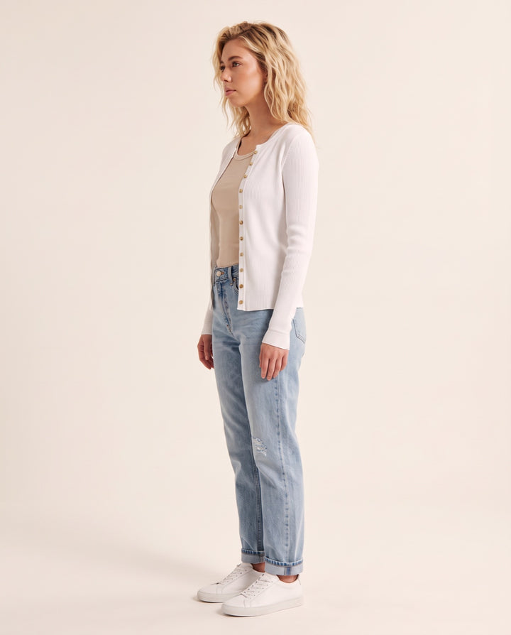 Crew-Neck Ribbed Cardigan