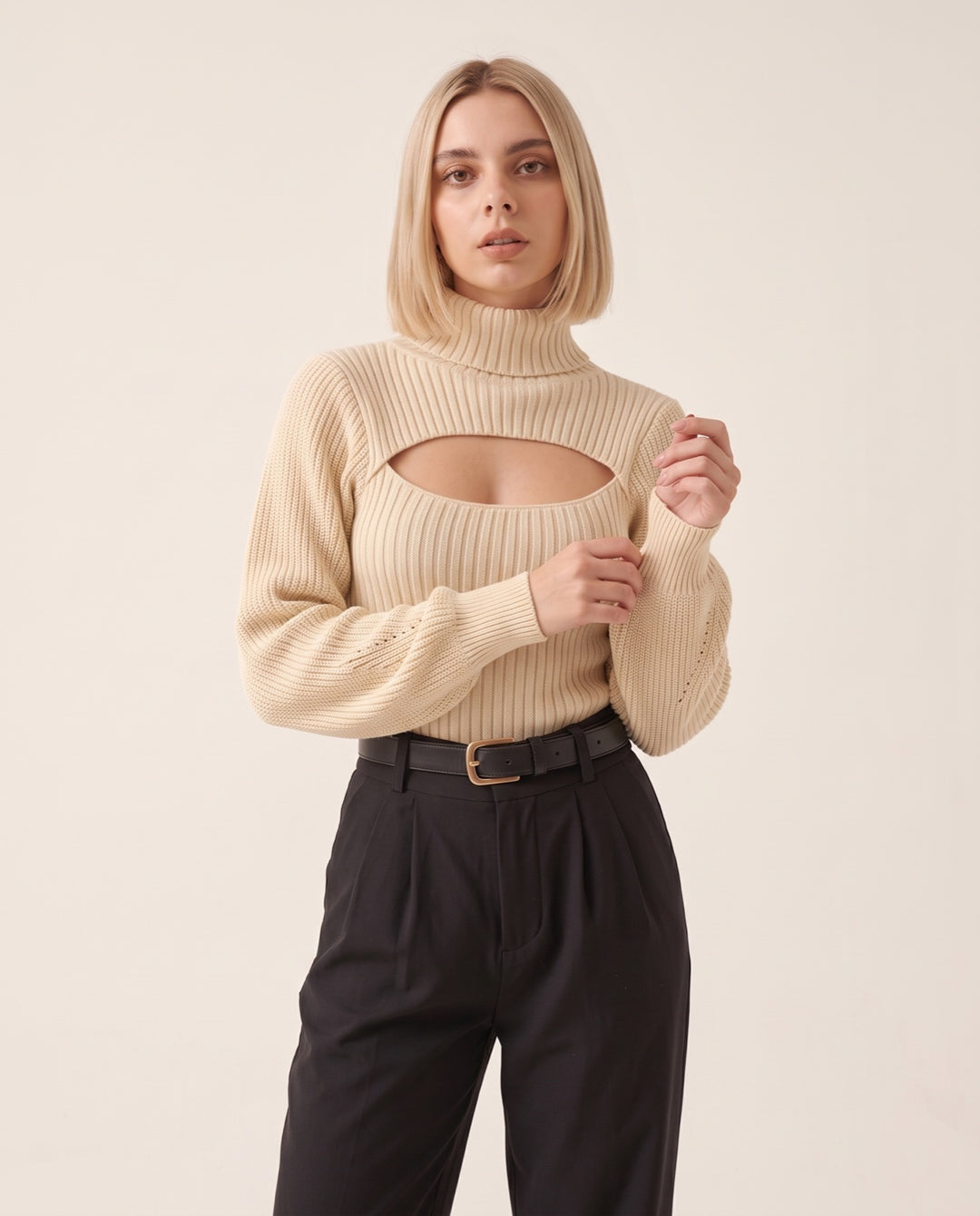 High-Neck Open-Knit Sweater