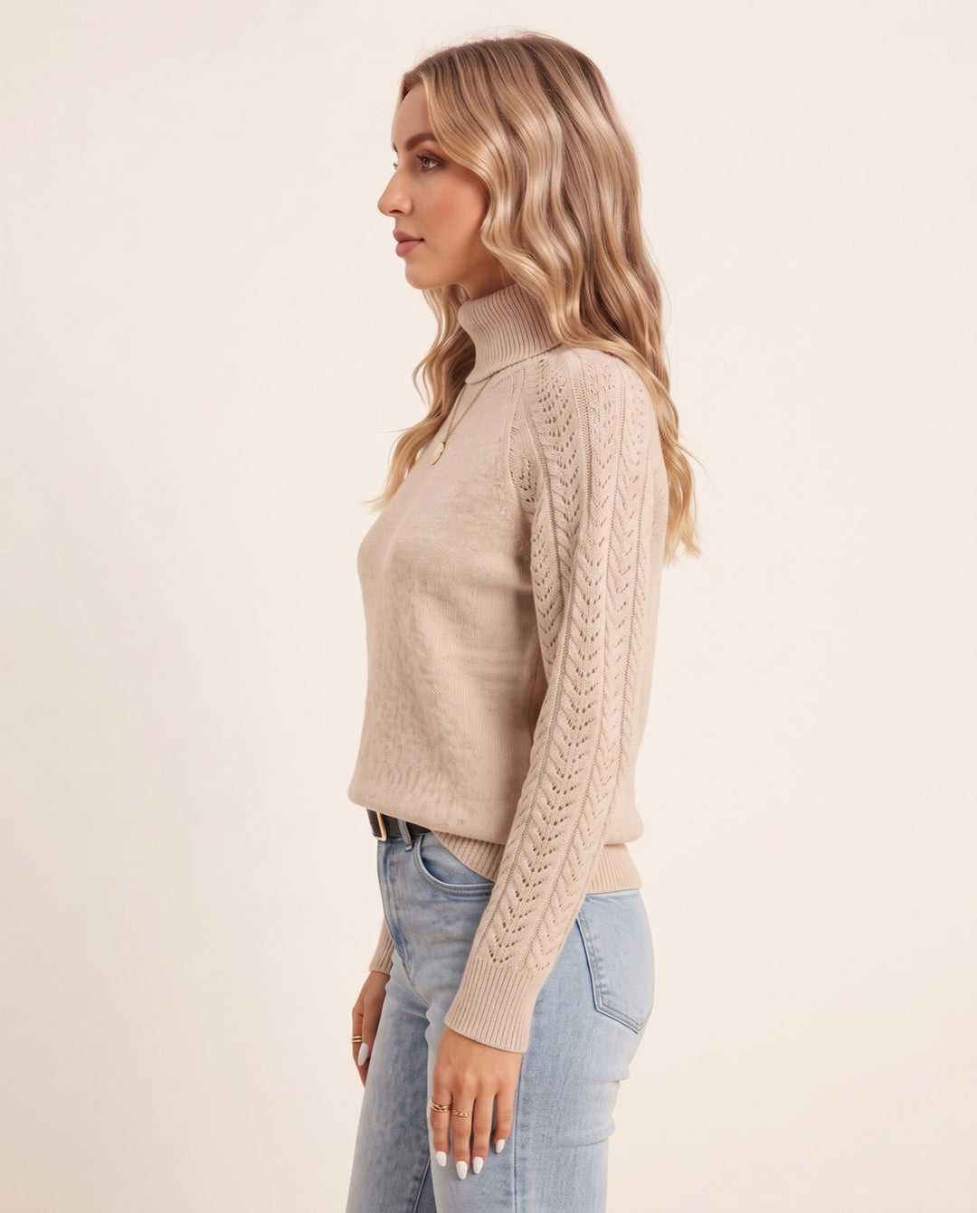 Open-Knit High-Neck Pullover