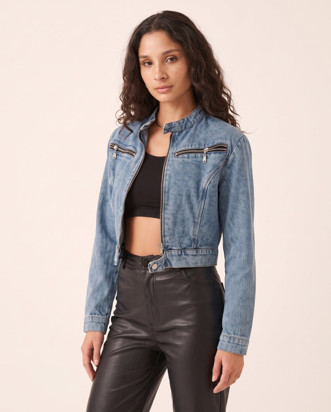 Cropped Denim Moto Jacket