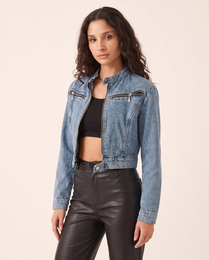 Cropped Denim Moto Jacket