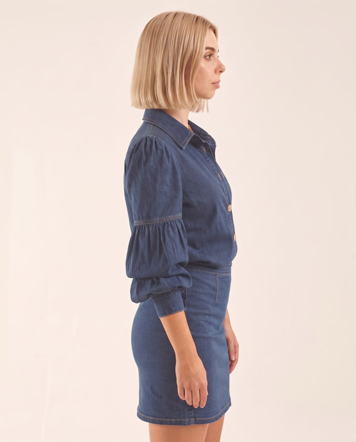 Puff-Sleeve Denim Blouse