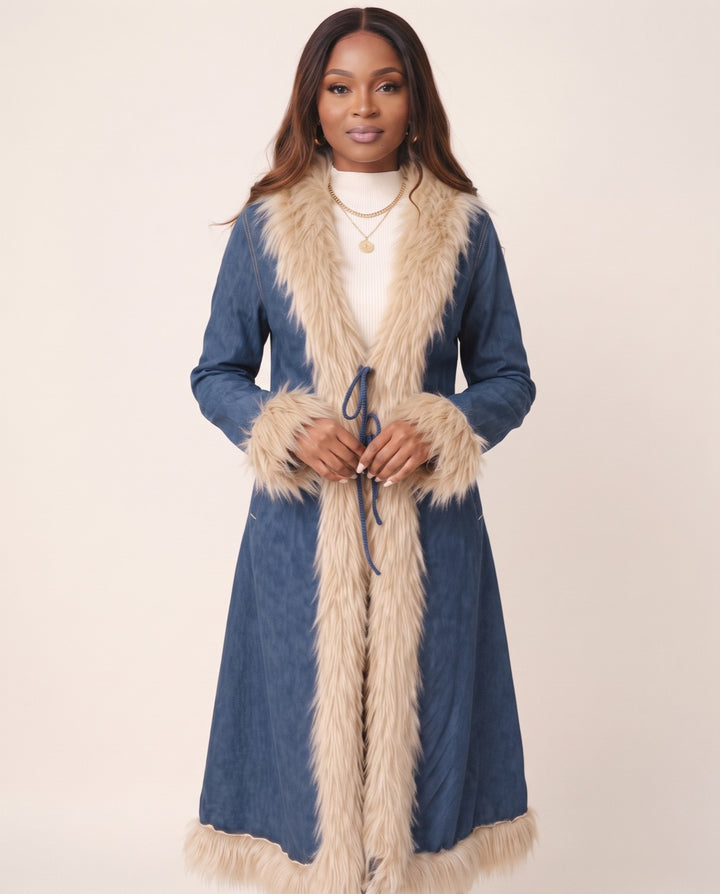 Faux-Fur Trim Denim Coat