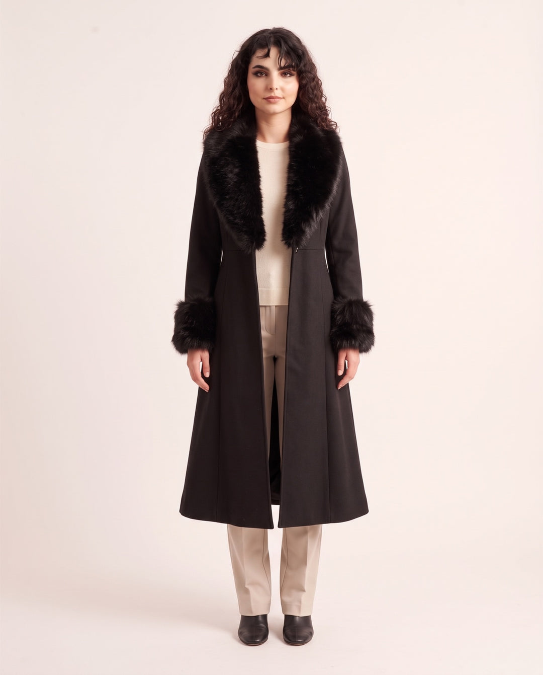 Faux-Fur Trim Flared Coat