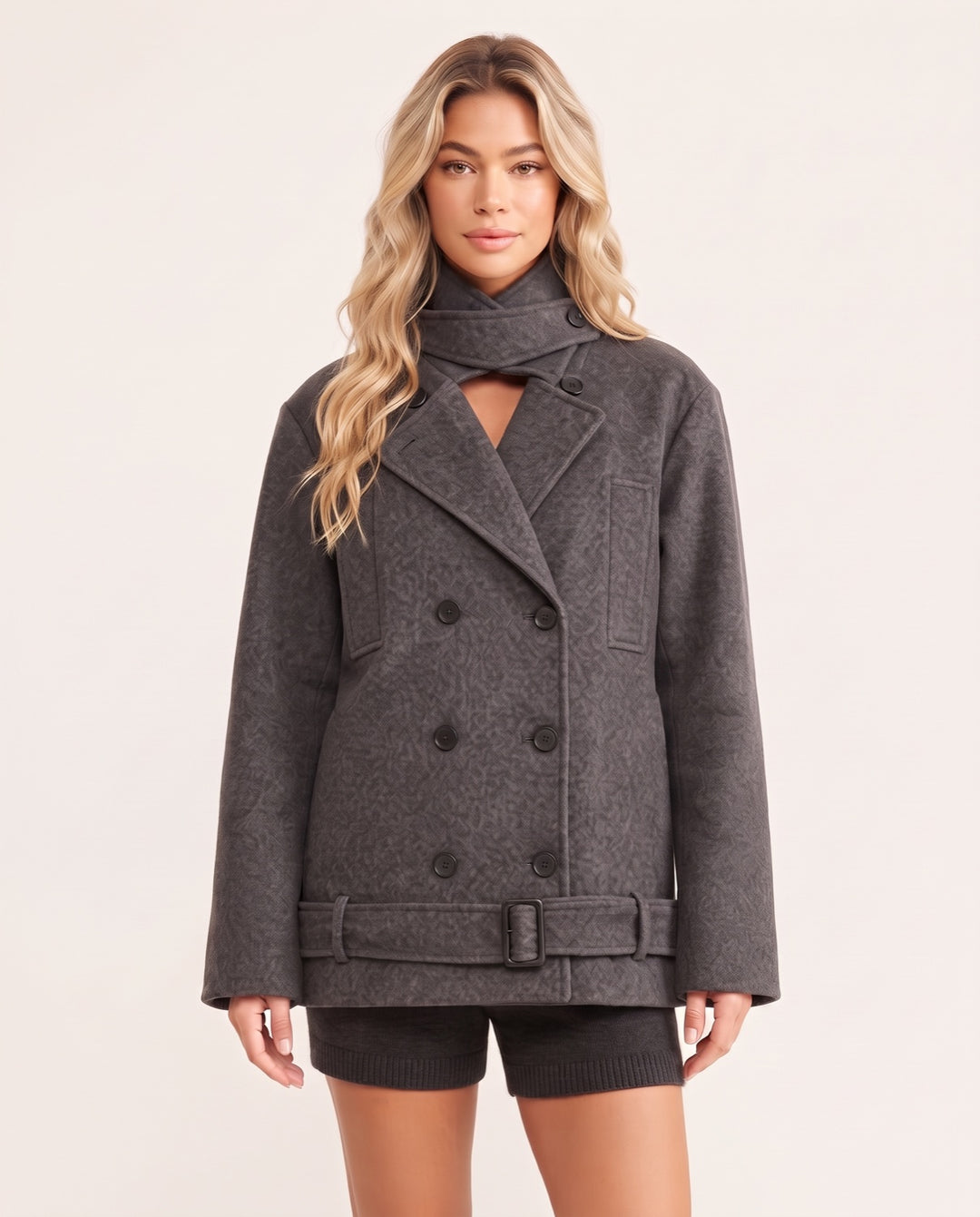 Scarf-Collar Wool Coat