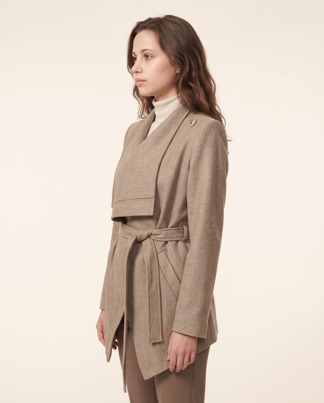 Belted Drape-Collar Wool Coat