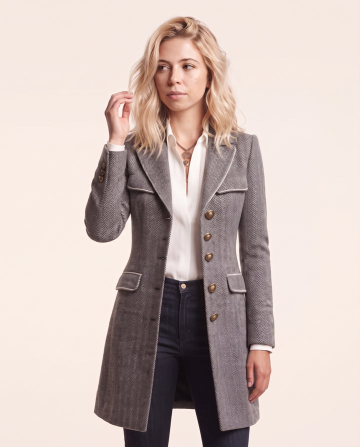 Piped Herringbone Wool Coat