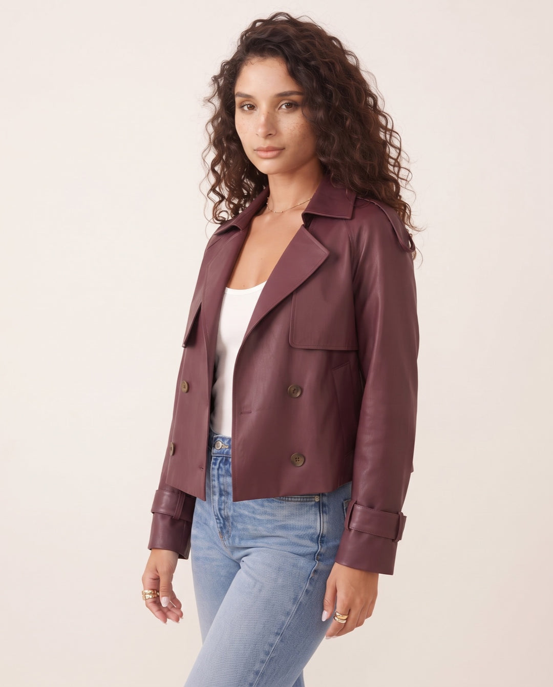 Cropped Faux Leather Trench Jacket