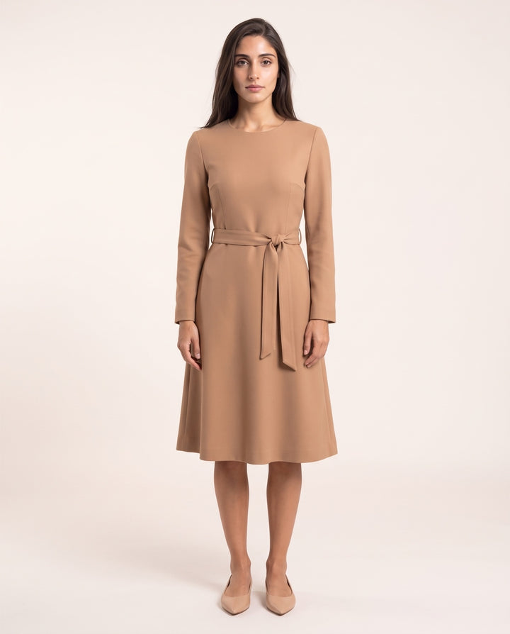 Belted Wool-Look Midi Dress