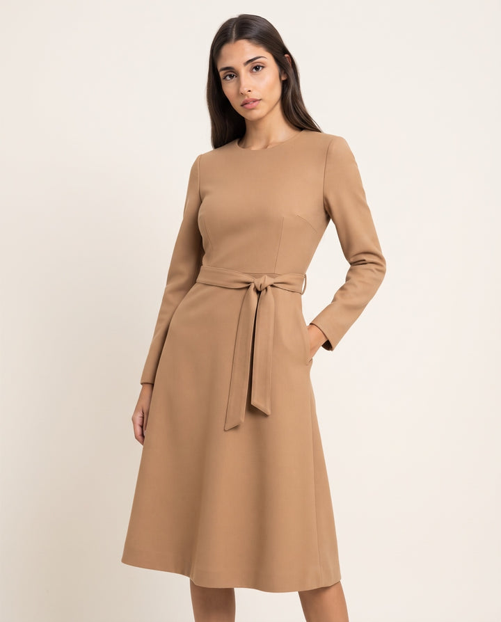 Belted Wool-Look Midi Dress