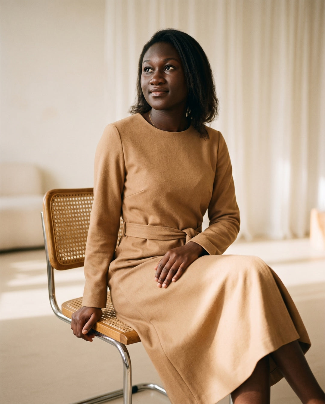 Belted Wool-Look Midi Dress