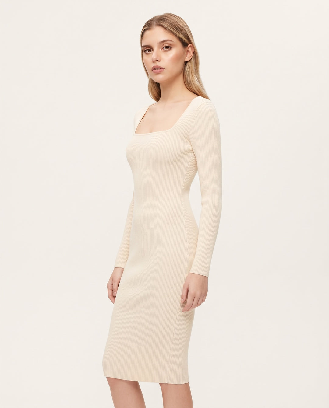 Square-Neck Ribbed Knit Midi Dress