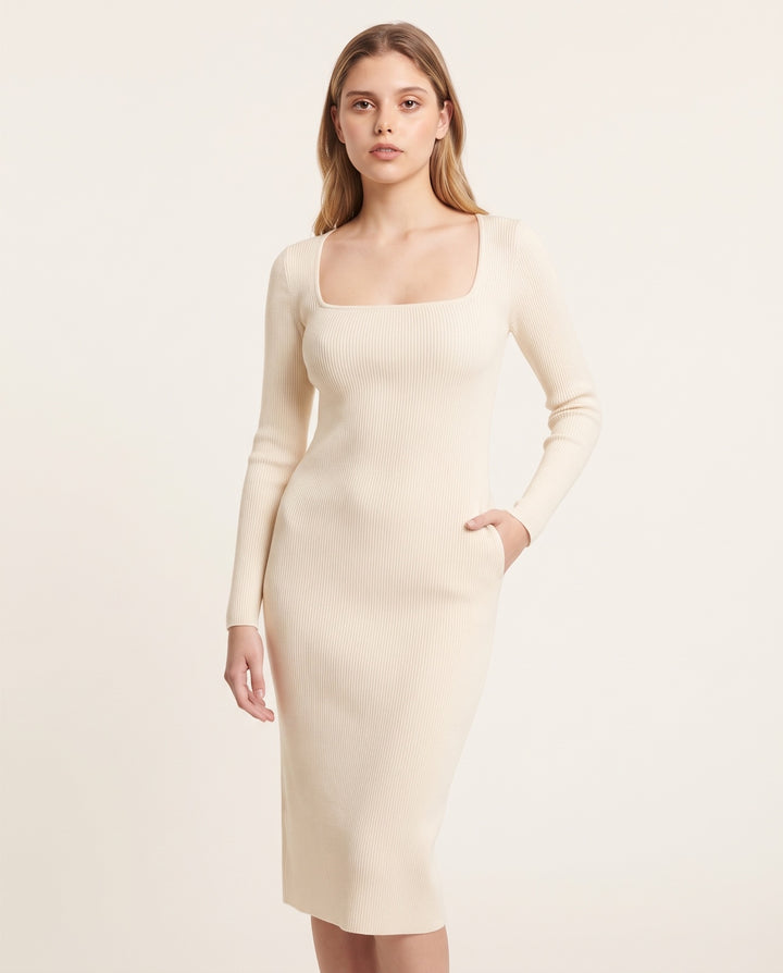 Square-Neck Ribbed Knit Midi Dress