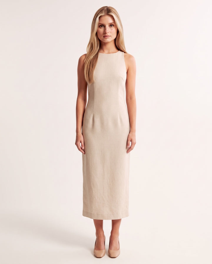Sleeveless Linen-Blend Column Midi Dress
