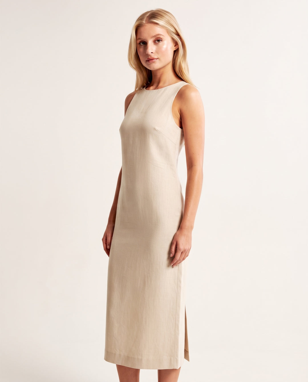 Sleeveless Linen-Blend Column Midi Dress