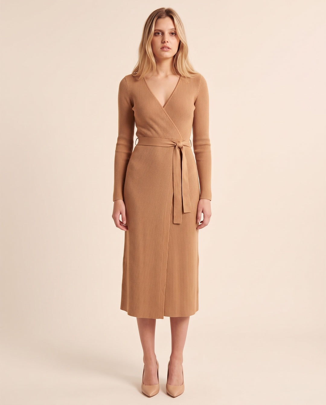 Belted Wrap Knit Midi Dress