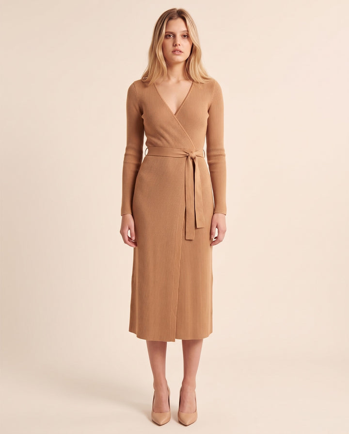 Belted Wrap Knit Midi Dress