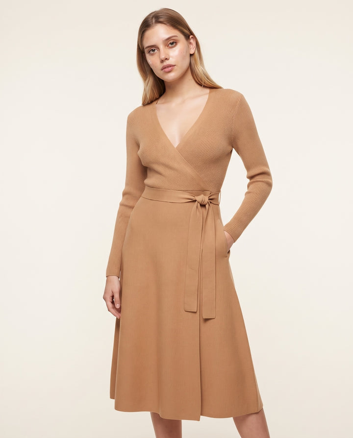 Belted Wrap Knit Midi Dress