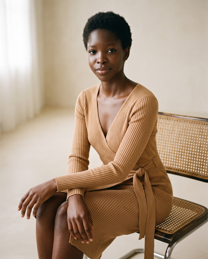 Belted Wrap Knit Midi Dress