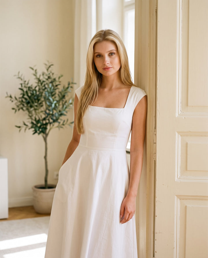 Square-Neck Poplin Midi Dress