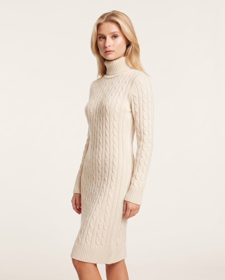 Cable-Knit Turtleneck Sweater Dress