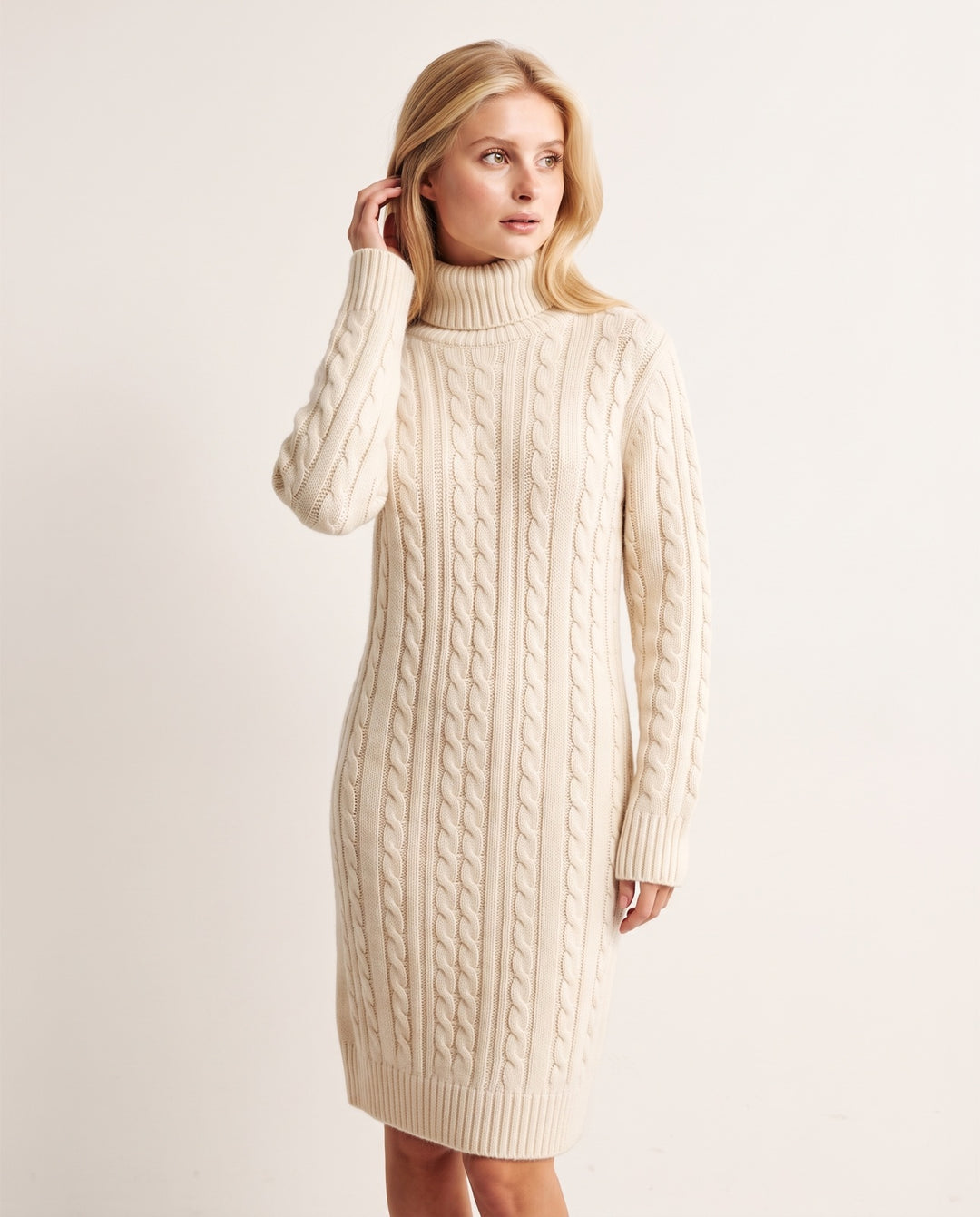 Cable-Knit Turtleneck Sweater Dress