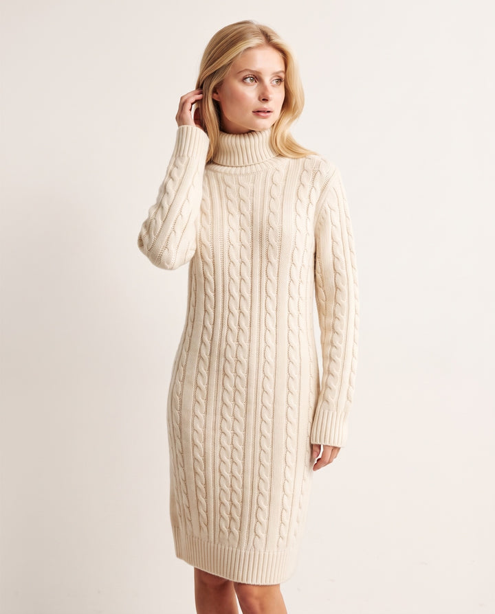 Cable-Knit Turtleneck Sweater Dress