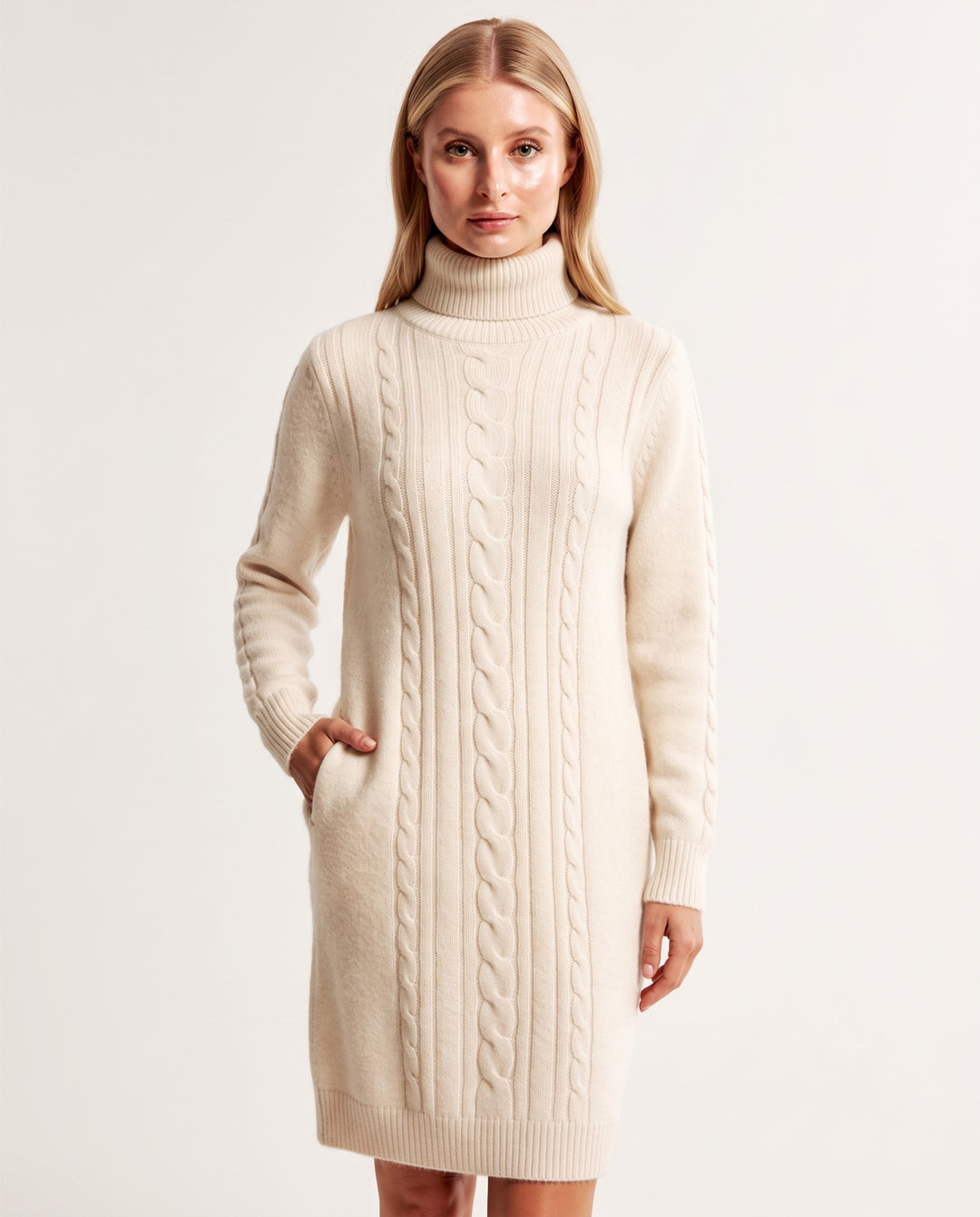 Cable-Knit Turtleneck Sweater Dress