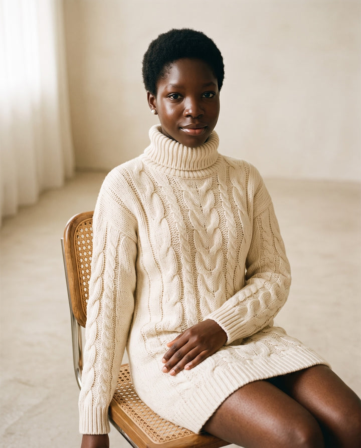 Cable-Knit Turtleneck Sweater Dress
